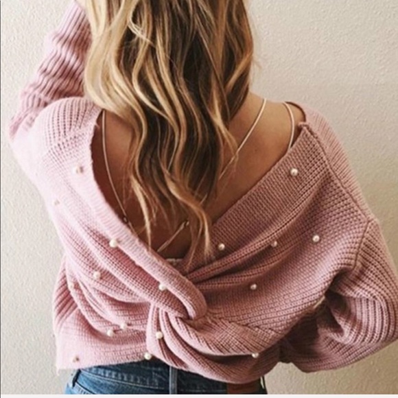 KJANSY Tops - Pearl Studded Pink Twist Sweater Top